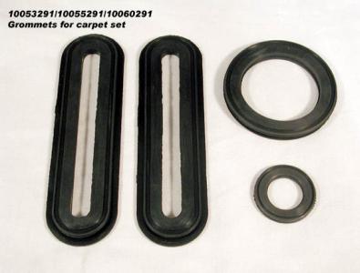 Rubber grommets for carpet set.  Fits floor mounted pedal cars only.  Brake and clutch pedal hole, windshield washer pump hole, and accelerator stop hole. - 10060291