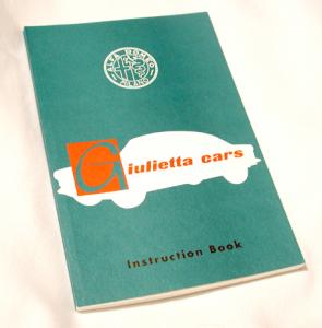 Instruction book, Giulietta Cars.  New, printed on old-style glossy paper, fold-out wiring diagrams.  From our customer: The manual from Re-Originals is much nicer.  Three-color cover (mainly green and white with the G:of Giulietta against a red block background.) The page is much like original (glossy) and all\npictures and diagrams excellent and readable.  It is stamped in large letters on the inside front cover to be a Reproduction since the original is no longer available from Alfa Romeo....