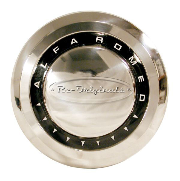 Hubcaps, new manufacture, large circle style, small triangle designs on plastic ring with Alfa Romeo script.  Up to 1978 only - B0195X