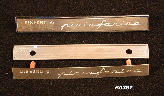 Script, Pininfarina, 2 parts - brass badge and chromed backing plate with 2 threaded posts.  Engraved with DISEGNO DI PININFARINA - B0367