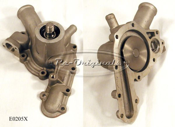 Water pump, specify engine size, specify style, number of outlets, and year of car.  This particular, new manufacture water pump has a threaded end on the shaft to attach the pulley - E0205X