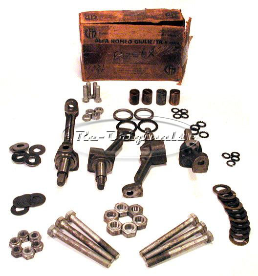 Upper suspension rebuild kit, NOS, complete with new A arm supports, bushings, seals, brass washers, and nuts; kit is for both sides.  Specify if A arm supports stand alone or are connected.  Verify the diameter of bolts that pass through chassis to hold in place. - E0256X