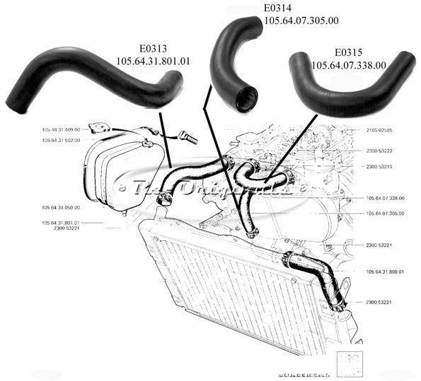 Radiator hose, #105640730500 from center of motor in front vertically mounted from housing to T - E0314