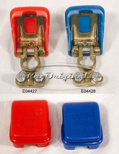 Battery terminal, quick-release style with blue plastic cover, negative. - E4428