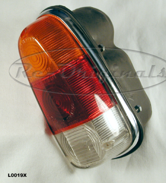 Taillight assembly, NOS, Carello or Altissimo, no horizontal bars, specify red/red/white lens or amber/red/white lens, with large rubber boot - L0019X