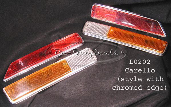 Taillight lens, separate amber and red horizontal lens, style with chrome trim on edge, four piece set, sold as set only - L0202