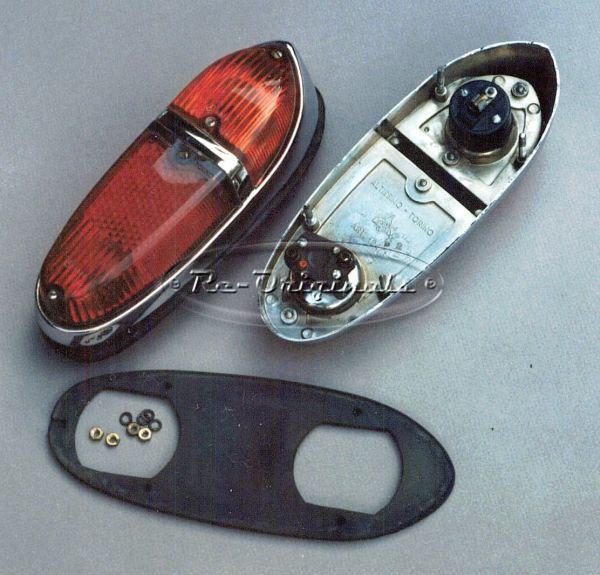 Taillight assembly, two piece lens on hooded base, separated by horizontal chromed bar, NOS, Altissimo - usually on TDF - L0218XB