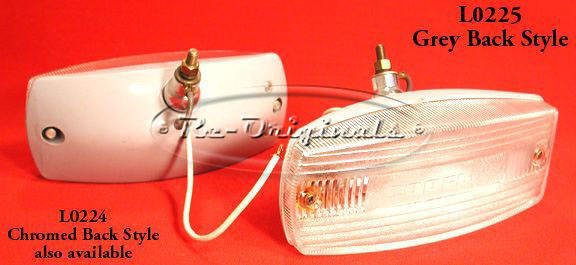 Back-up light assembly, NOS, complete, chromed back, plastic body, Carello, for GTB 2 or 4, concave face on lens - L0224