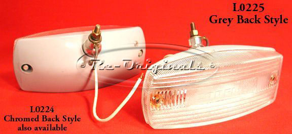 Back-up light assembly, NOS, complete, gray back, plastic body, Carello, for GTB 2 or 4, concave face on lens - L0225