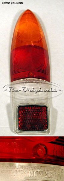 Taillight lens, NOS, Carello, long style, amber/red on top portion, #295.12.01 on red portion, #296.12.19 on white portion, includes new reflector #731.12.03, 2 piece lens.  Available only as a complete unit. - L0231XC