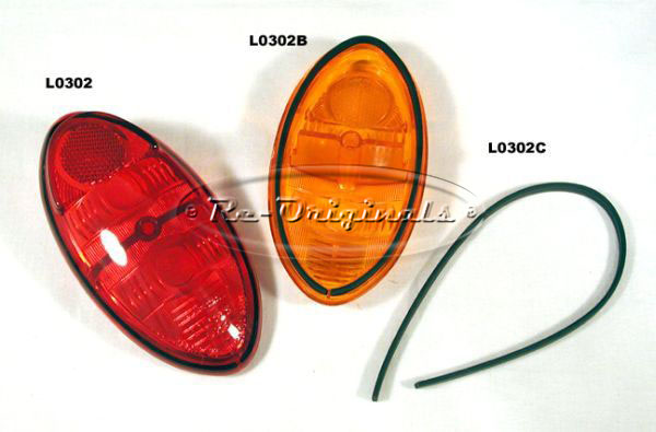 Taillight lens, 523 style, red, Lucas, new manufacture, better quality than original.  These come with the skinny rubber sealing gasket from lens to base.  For amber lens, see L0302B. - L0302