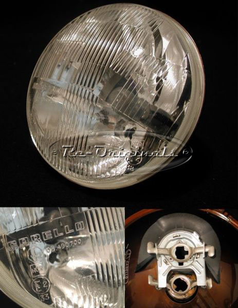 Headlight assembly, NOS, Carello, complex bottom reflector, #03.490.700 on lens - L0340X