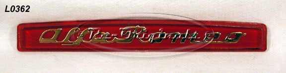 Script Alfa Romeo for license plate light, red plastic with gold letters.  Slightly rounded top edge. - L0362