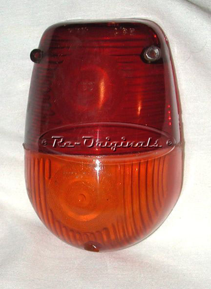 Taillight lens, amber/red, NOS, bulbous teardrop style - L0363