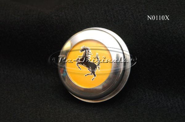 Horn button, new manufacture, yellow plastic background with prancing horse, set in an alloy metal base, fits original Ferrari wood steering wheel - N0110X