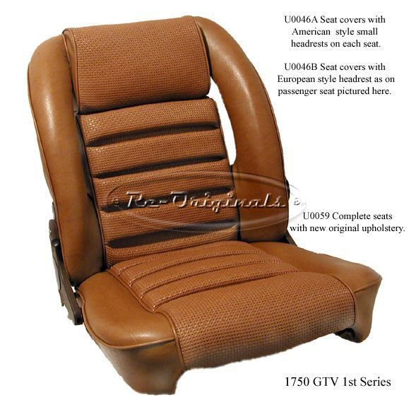 Seat covers, front, only, both covers, includes headrests, specify 1 single headrest in passenger seat only, or 2 small headrests - one on top of each seat.  Series 1 only.  Available in 4 original colors of smooth Italian vinyl with exactly correct basketweave. - U0046A