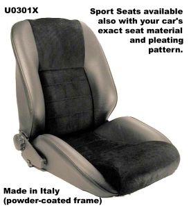 Seats, sport driving style.  This is a modern, Italian made seat similar in design to an adjustable Recaro.  It is upholstered with Italian vinyl sides with a wide wale corduroy cloth center. - U0301X