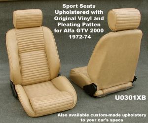 Seats, sport driving style.  This is a modern, Italian made seat similar in design to an adjustable Recaro.  It is upholstered in your choice of original vinyl and/or cloth to match your car.  The pleats, or stitching pattern, is custom tailored to match the rest of your car. - U0301XB