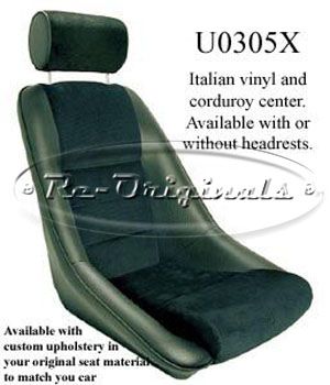 Seats, sport driving style, fixed back, adjustable fore and aft.  Upholstered in Italian vinyl on the sides, with a wide wale corduroy cloth center. - U0305X