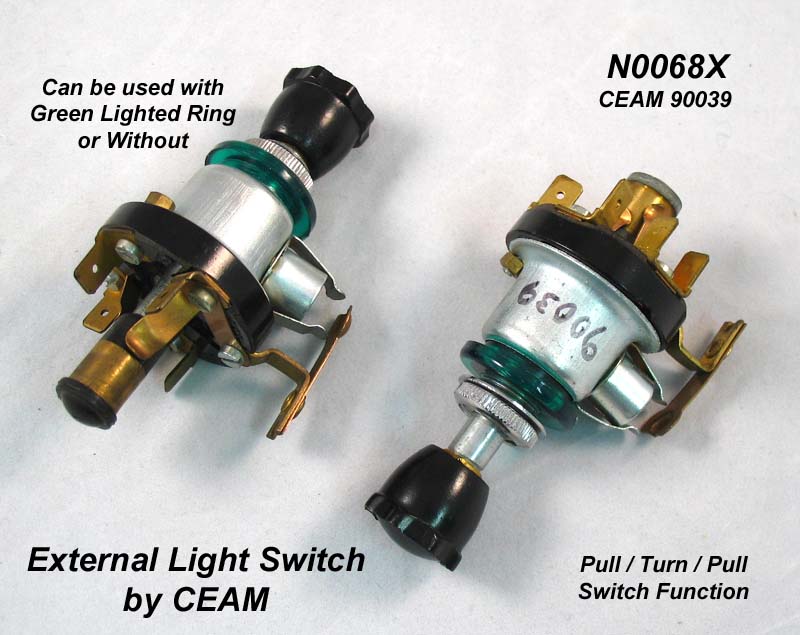 Light switch for external lights, CEAM #90039, pull-turn-pull style, black fluted knob, NOS, requires 20mm hole in dash - N0068X