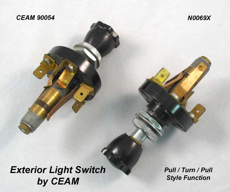 Light switch for external lights, CEAM #90054, pull-turn-pull style, black fluted knob, NOS, requires 14mm hole in dash - N0069X