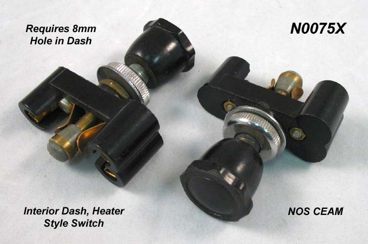 Light switch for dash, NOS, black fluted knob, single pull style, 3 bullet receptacles, requires 8mm hole in dash, verify style and color of pull knob. - N0075X