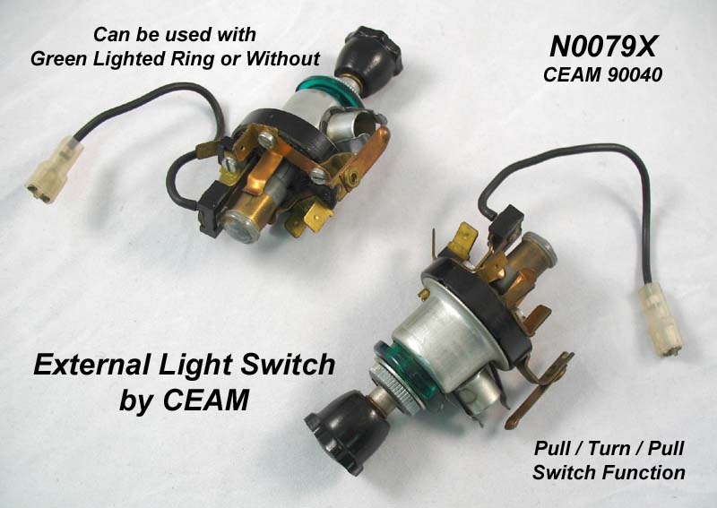 Light switch for external lights, NOS, CEAM #90040, pull-turn-pull style, black fluted knob, includes accessory wire, requires 20mm hole in dash - N0079X