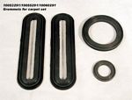 10060291 Rubber grommets for carpet set.  Fits floor mounted pedal cars only.  Brake and clutch pedal hole, windshield washer pump hole, and accelerator stop hole.