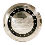 B0195X Hubcaps, new manufacture, large circle style, small triangle designs on plastic ring with Alfa Romeo script.  Up to 1978 only