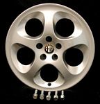 Wheel, lightweight aluminum alloy, Alfa 147, 7 x 16.  Furnished with new 28 mm threaded length lug bolts and Alfa logo center caps, 5 bolt pattern, for GTV-6 and 164 models. - B0357