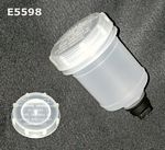 E5598 - Reservoir for brake fluid. White round container with a cap having 8 large ribs on the side for gripping & Italian nomenclature on top. Has 18mm X 1.50 threaded insert and an adapter.