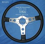 N0120 Steering wheel, OEM, Momo, 345mm in diameter, black leather wrap with white stitching, 25mm thick grip.  We have a less expensive version available for $480.00.  See N0120B