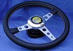 Steering wheel for competition cars, leather, includes hub and horn button, these Momo made steering wheels are reinforced for racing.  Ask us for a photo to confirm style desired. - N0132X