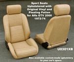 U0301XB Seats, sport driving style.  This is a modern, Italian made seat similar in design to an adjustable Recaro.  It is upholstered in your choice of original vinyl and/or cloth to match your car.  The pleats, or stitching pattern, is custom tailored to match the rest of your car.